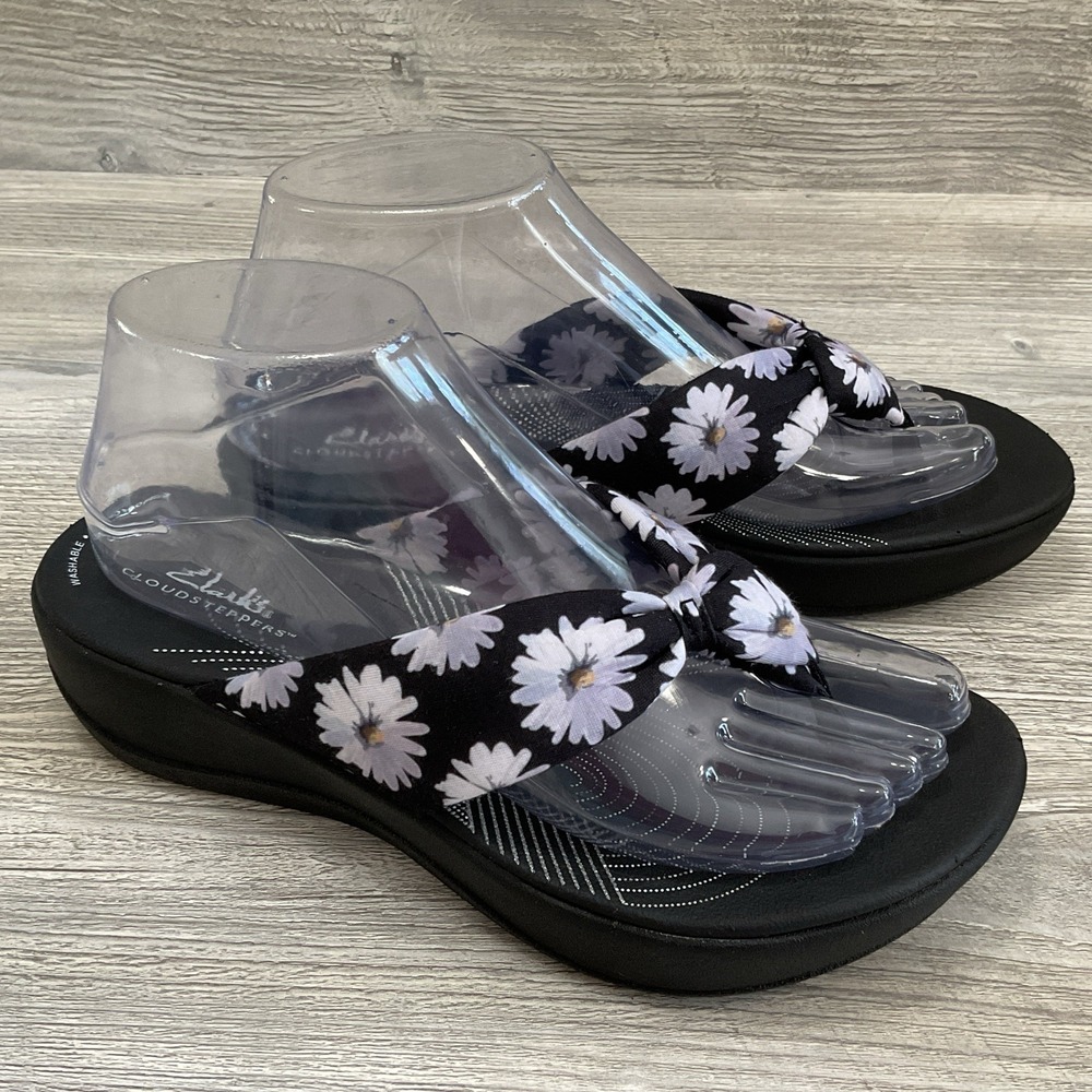 Clarks Cloudsteppers Black White Floral Slip-On Thong Wedge Sandals Women's 7M
